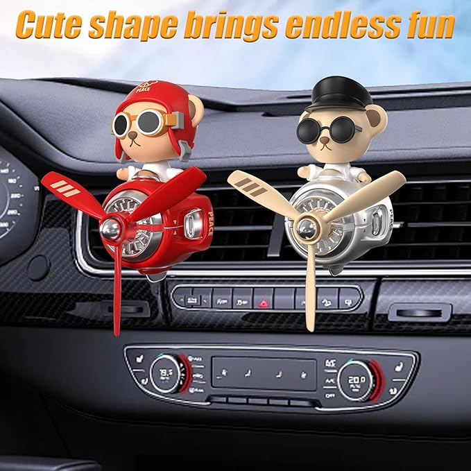 2Pcs Car Air Fresheners, Cute Bear Pilot Automotive Air Outlet Creative Car Perfume Diffuser, Automotive Accessories Air Vent Decoration with 8 Fragrant Tablets (Red 1+Silver 1)