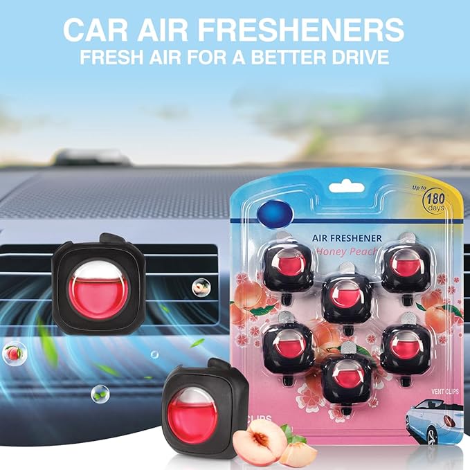 Honey Peach Scent Car Air Freshener Vent Clip, 6 Count Long Lasting Up to 180 days, Natural Essential Oil Car Fragrance for Women and Men, Odor Eliminator - 4ml Each