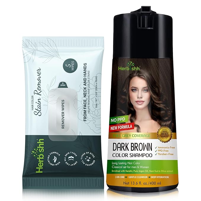 Herbishh Hair Color Shampoo for Gray Hair Dark Brown 400 ML + Hair Color Stain Remover Wipes - Travel Pack With 5 Wipes