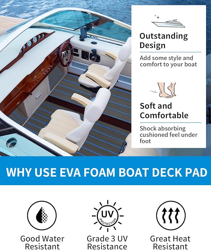 OCEANBROAD EVA Foam Boat Flooring with 3M Adhesive Backing Marine Self-Adhesive Decking 96''x45.6''/36''/28.8''/16.8'', 48''x16.8'' Faux Teak Sheet for Jon Boats Swim Platform Helm Pad RV Floor