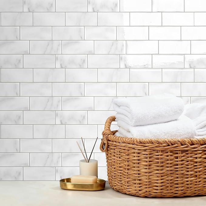 Subway Backsplash Tile Peel and Stick, Marble White Self Adhesive Tiles for Kitchen, 10-Sheet Stick on Backsplash for Kitchen and Bathroom (11.56x8.38)