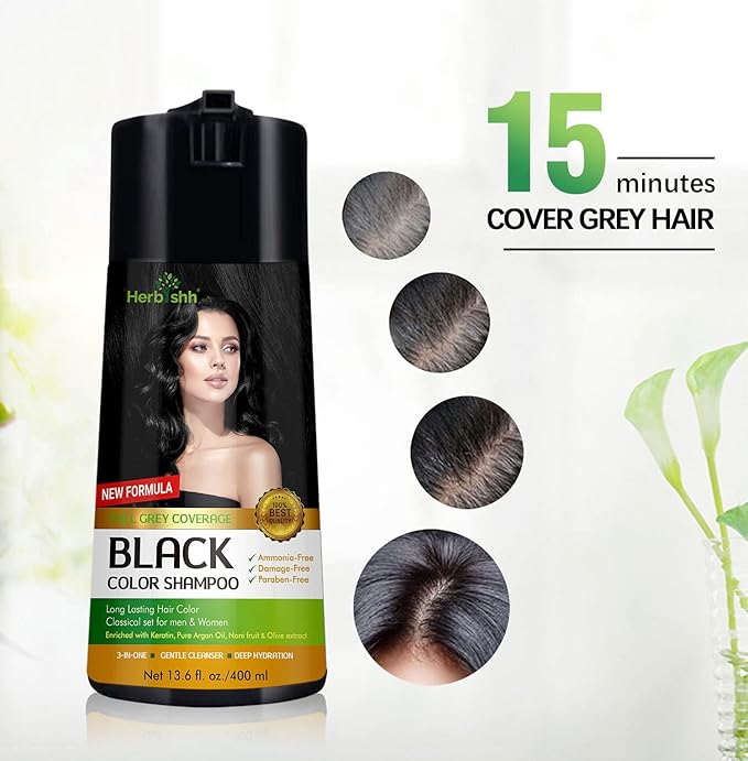 Herbishh Hair Color Shampoo for Gray Hair Black 400 ML + Hair Color Stain Remover Wipes + Travel Pack With 5 Wipes