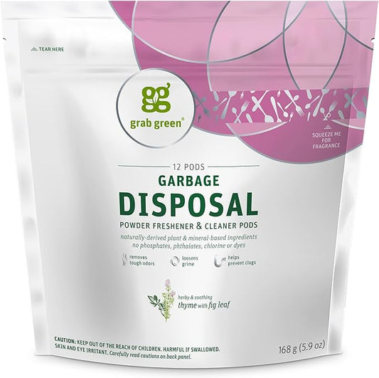Grab Green Natural Garbage Disposal Cleaner, Deoderizer & Freshener Pods, Thyme + Fig Leaf—With Essential Oils, 12 Pods, Plant & Mineral-Based Ingredients