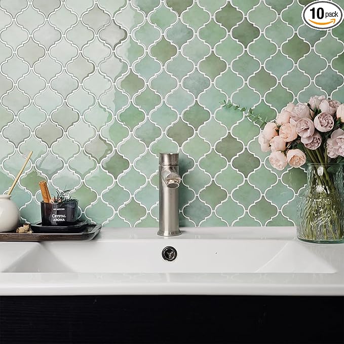 Arabesque Peel and Stick Backsplash for Kitchen, Thicker Design 3D Self Adhesive Wall Tiles, 12"x12" Peel and Stick Wall Tiles, Mix Green 10-Sheet Stick on Tile for Kitchen and Bathroom.