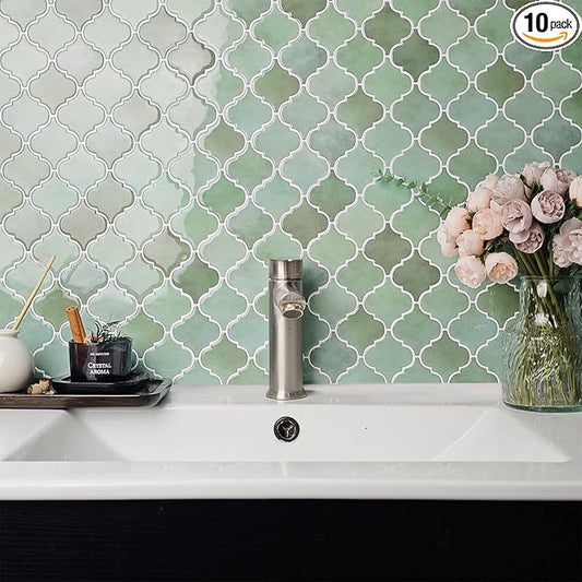Arabesque Peel and Stick Backsplash for Kitchen, Thicker Design 3D Self Adhesive Wall Tiles, 12"x12" Peel and Stick Wall Tiles, Mix Green 10-Sheet Stick on Tile for Kitchen and Bathroom.