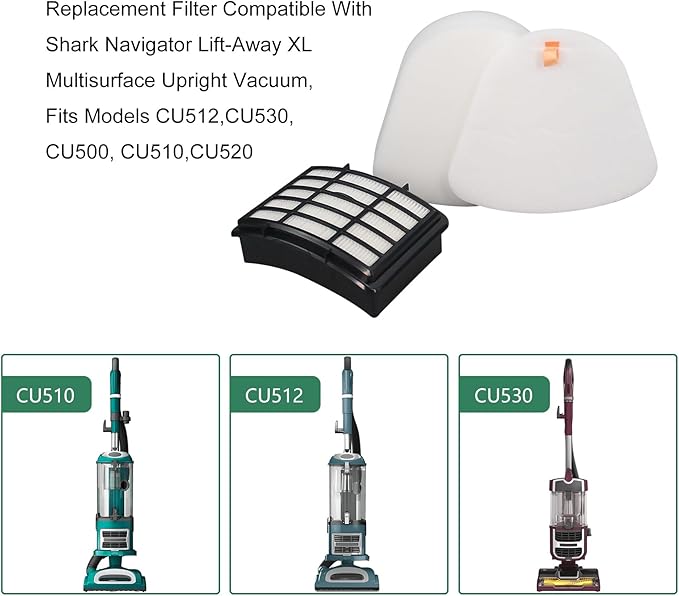 Replacement Filter Compatible with Shark CU512 CU500 CU510 CU512 26 CU520 CU520 26 CU500 26 Navigator Lift-Away XL Multisurface Upright Vacuum (2 Hepa filter and 4 foam filter)