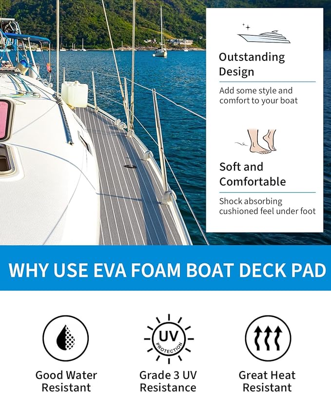 OCEANBROAD EVA Foam Boat Flooring with 3M Adhesive Backing Marine Self-Adhesive Decking 96''x45.6''/36''/28.8''/16.8'', 48''x16.8'' Faux Teak Sheet for Jon Boats Swim Platform Helm Pad RV Floor