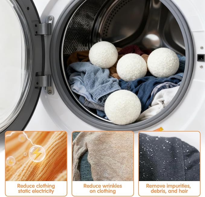 100% Pure New Zealand Wool Dryer Balls, 6-Pack - Natural Fabric Softener Alternative, Reduce Static, Soften Clothes, Shorten Drying Time & Absorb Lint (White)