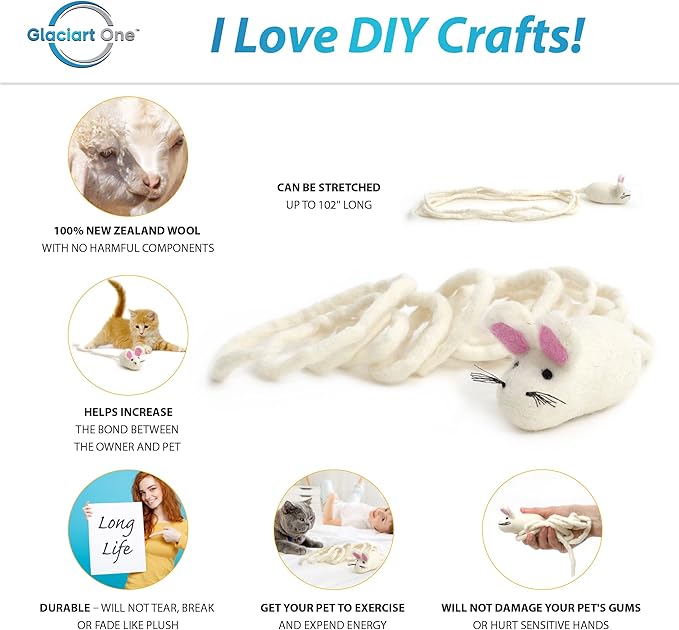 Glaciart One Felt Mouse Cat Toy – Soft Fuzzy Enrichment 100% Natural Wool - Interactive Catnip Play Cat Toy Set - Safe for Pets, Non-AZO Colored Dyes - 100” Long