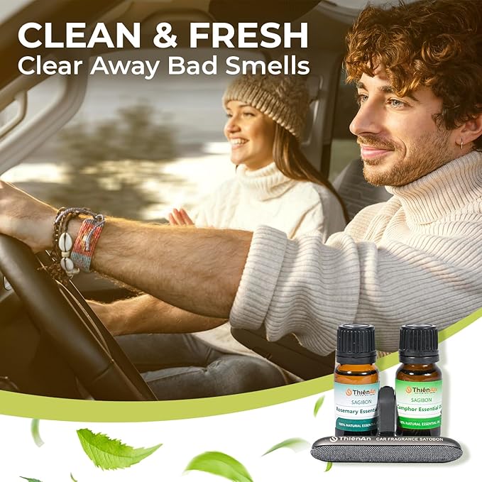 THIEN AN - Car Air Fresheners Set Rosemary and Eucalyptus Scents Natural Car Fragrance Satobon with Car Diffuser (10ml) Car Vent Clips, Refillable Car Air Fresheners