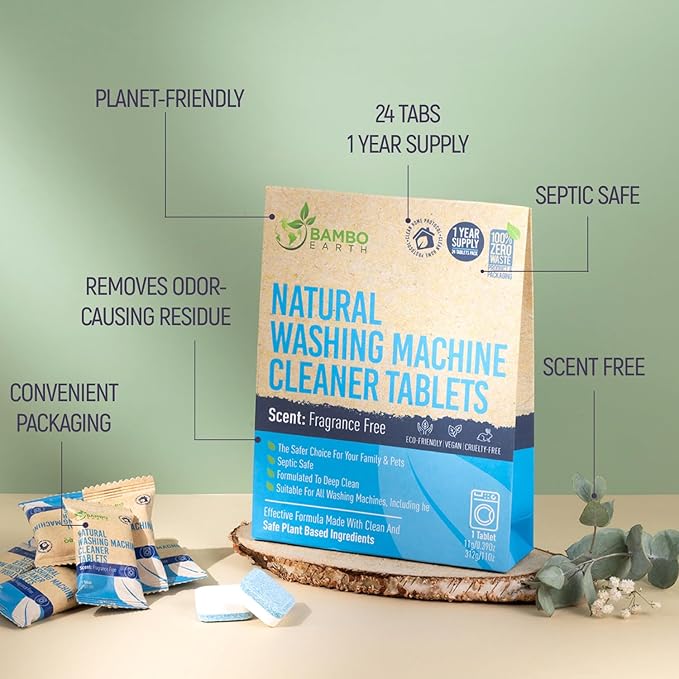 Natural Heavy Duty Washing Machine Cleaner Tablets - Plant Based & Eco Friendly Alternative Refill Laundry Tub Cleaning Tabs For Top Load or Front Loader - 24 Pack Pods For Clean & Fresh Washer