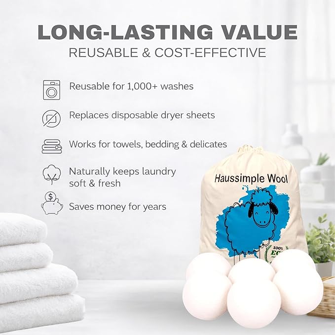 Wool Dryer Balls 6-Pack 100% Natural New Zealand Wool, Handmade in Nepal Reusable Laundry Balls, Faster Drying, Softer Clothes, Anti-Static, Dryer Sheets Alternative (Plain White)
