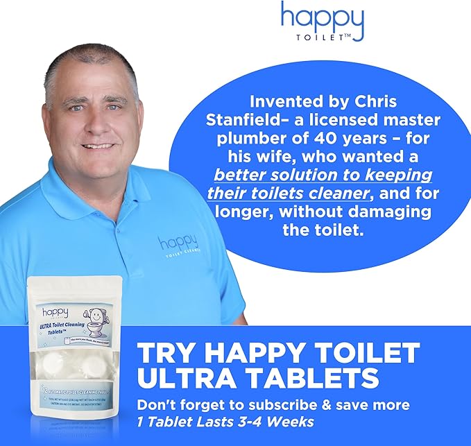 Happy Toilet Cleaner Deuce - Compatible with Kohler Toilets & Canister Flushing Systems - Automatic Toilet Bowl Cleaner Toilet Tablet Holder & 12-Pack Ultra-Strength Cleaner Tablets