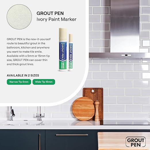 Grout Pen Ivory Tile Paint Marker: Waterproof Grout Paint, Tile Grout Colorant and Sealer Pen - Ivory, Wide 15mm Tip (20mL)