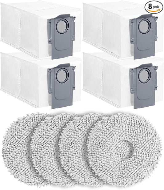 8Pack Replacement Parts Accessories Compatible for Roborock Qrevo Series, Saros 10R,Qrevo Curv,Qrevo Edge,Qrevo Edge S5A,QV 35A,Qrevo S5V Robot Vacuum,Spare Accessories Kit with 4 Dust Bags,4 Mop Pads