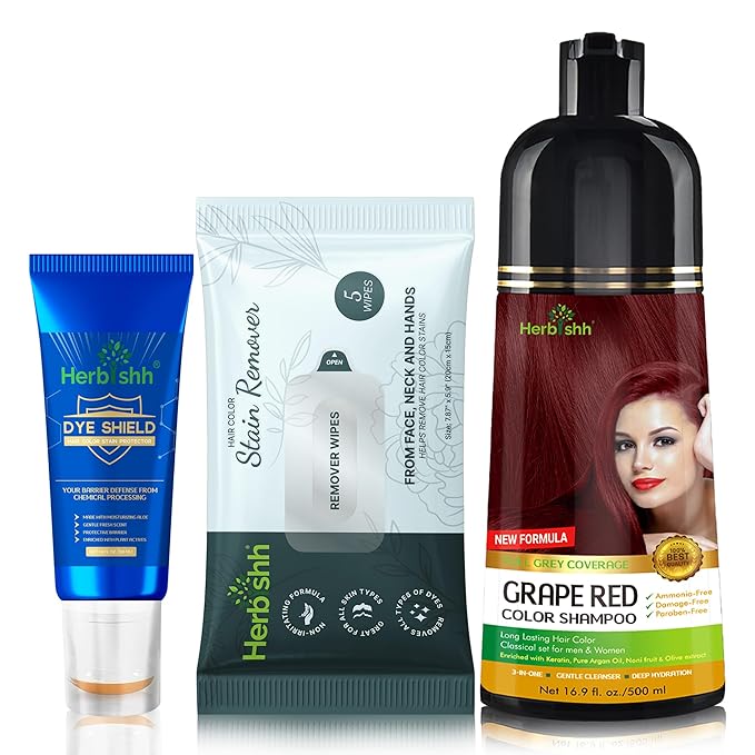 Herbishh Hair Color Shampoo for Gray Hair Grape Red 500 ML - Dye Shield or Defender - Hair Color Stain Remover Wipes - Travel Pack With 5 Wipes
