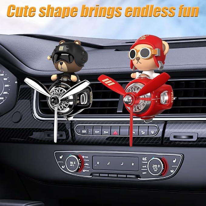 2Pcs Car Air Fresheners, Cute Bear Pilot Automotive Air Outlet Creative Car Perfume Diffuser, Automotive Accessories Air Vent Decoration with 8 Fragrant Tablets (Black 1+Red 1)