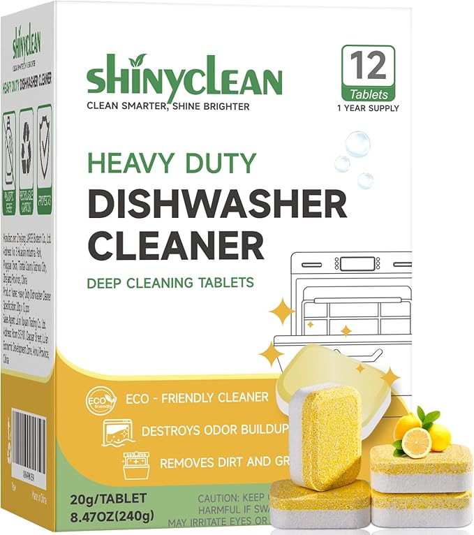 Heavy Duty Dishwasher Cleaning Tablets | Natural Dishwasher Cleaner and Deodorizer | Helps Remove Limescale, Hard Water & Odor | Septic Safe, 12 Pack - 1 Year Supply