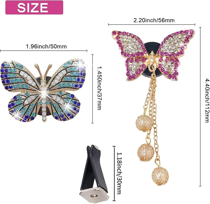 Bling Butterfly Air Vent Clips, 4 Pcs Crystal Pendant Fresheners, Diffuser Diamond Decoration, Cute Interior Decor Accessories for Women
