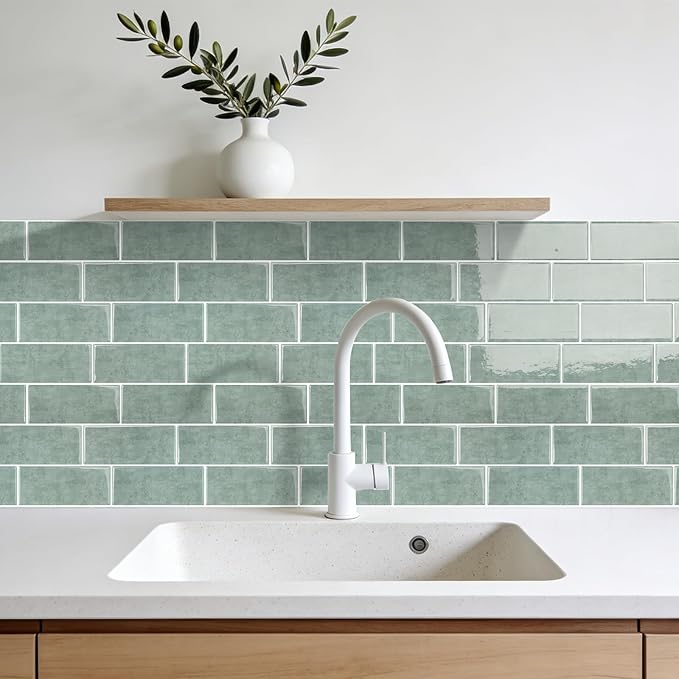 Subway Backsplash Tile Peel and Stick, Green Self Adhesive Tiles for Kitchen, 10 Sheets Stick on Backsplash for Kitchen and Bathroom(11.56x8.38)