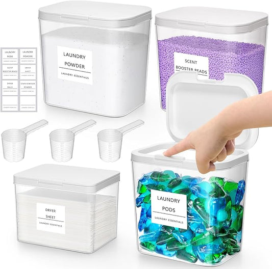 Lifewit 4 Pcs Laundry Pods Container with Pop-up Lid, Dryer Sheet Holder, Laundry Room Organization for Washing Powder, Scent Booster Beads, 2600 +2000ml/0.53+0.7gal