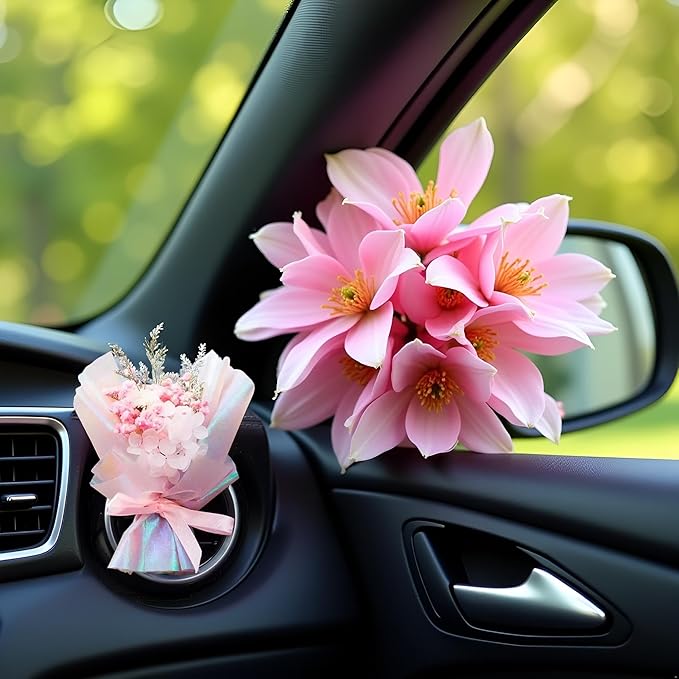 Pink Mini Dried Flowers Bouquet for Car Air Vent Clips, Car Air Outlet Perfume Decoration, Car Air Fresheners Interior Decoration Accessories