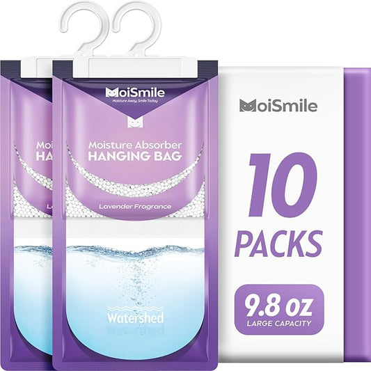 Moisture Absorbers 10 Pack Lavender Fragrance, Hanging Closet Dehumidifier Bags, Humidity Absorber, Compact Eliminates Odors Humidity Packs for Car, Bathroom, Bedroom, Basement, 9.8OZ