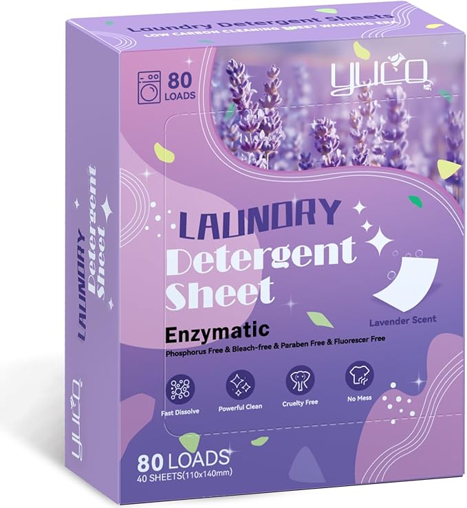 YUCO Laundry Detergent Sheets Lavender Scent 80 Loads Eco Friendly Laundry Soap Washer Sheets Liquidless Laundry Detergent Sheet for Travel No Plastic Hypoallergenic