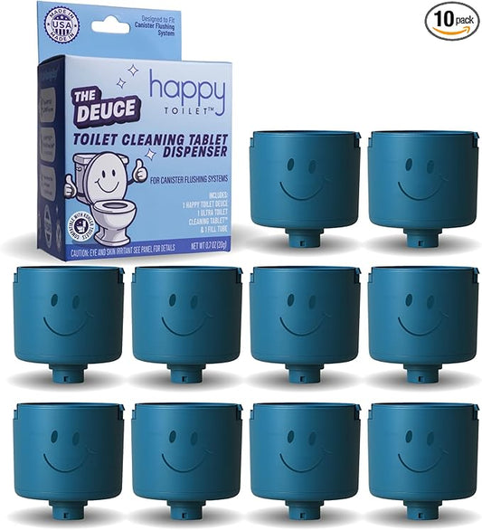 Happy Toilet Cleaner Deuce - Compatible w Kohler Toilets & Canister Flushing Systems - Automatic Toilet Bowl Cleaner 10-Pack - Easy to Install Toilet Tablet Holder, Self-Cleaning Toilet System