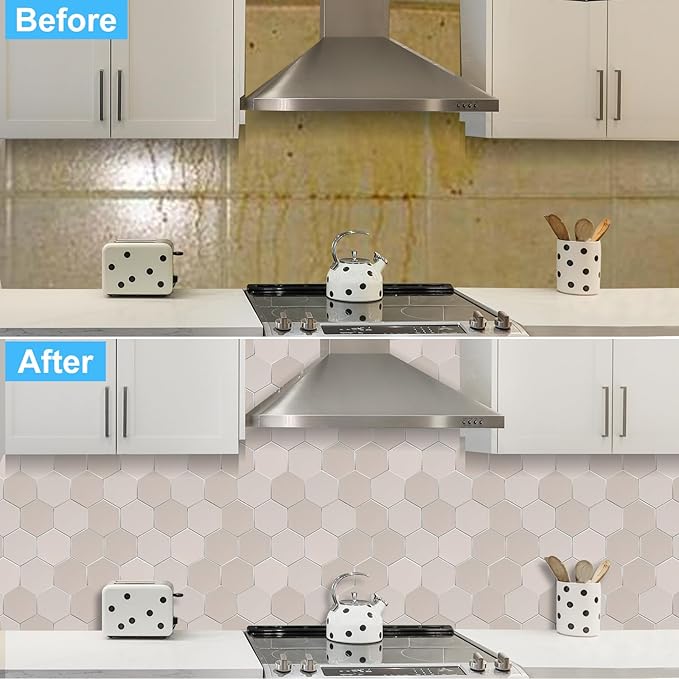 Thickened Hexagon Peel and Stick Tile Backsplash, New Upgrade Glossy and Matte Beige Waterproof Stick on Backsplash, Self-Adhesive Marble Tiles for Kitchen,Bathroom and Bedroom，10-Sheet.