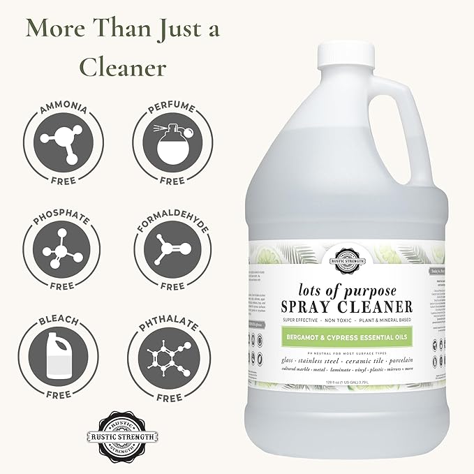 Rustic Strength Lots of Purpose Spray Cleaner, Bergamot & Cypress, Multi-Surface, pH Balanced, Non-Toxic, Biodegradable, 1 Gallon, Plastic