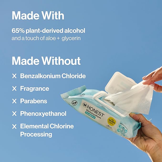 The Honest Company Fragrance-Free Sanitizing Alcohol Wipes, Antibacterial Safe for Hands, Kills 99% of Germs, Made With Aloe, 50 Count (1 Pack)