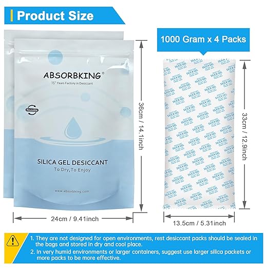 Large Desiccant Packs, 1000 Gram 4 Packs Container Desiccant, Silica Gel Car Dehumidifier by Reusable, Large Moisture Absorbers for Electric Tool, Basement, 3D Filaments and Safes