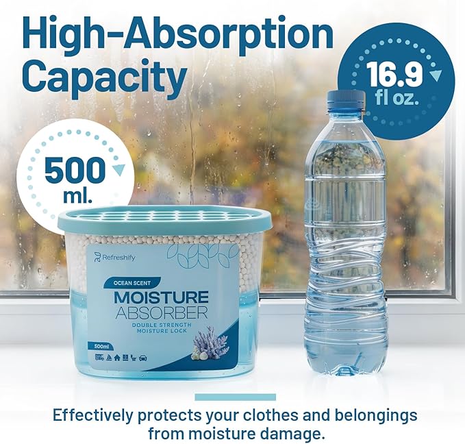 Premium Moisture Absorbers and Dehumidifier Tubs – High-Efficiency Closet Dehumidifier, Ocean Scent, 6 Pack, 7.5 Oz