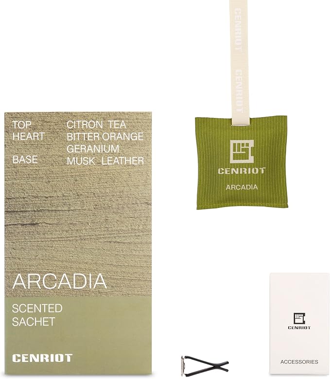Car Air Freshener(Arcadia)-Long Lasting Scented Sachet, Luxury Car Fragrance Diffuser, Magnetic Vent Clip and Hanging Ribbon, Clean and Natural with Essential Oil, For Home Drawer and Closet