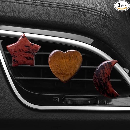 Set of 3 Crystal Stone Car Air Vent Clips, Moon Star Heart Quartz Charm Car Air Freshener Clip, Air Conditioning Outlet Clip, Cute Car Interior Decoration Accessories for Men Women (Brown, Unscented)