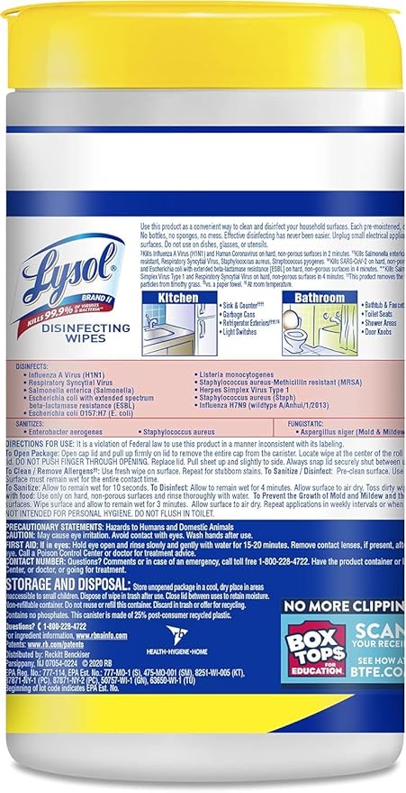 Lysol Disinfectant Wipes Multi-Surface Antibacterial Cleaning Wipes, Dorm Room Essentials For Disinfecting and Cleaning Lemon and Lime Blossom 80 Count (Pack of 2)