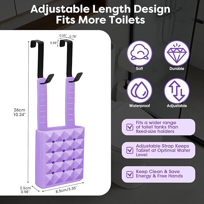 Adjustable Toilet Tank Tablet Holder-Hanging Silicone Basket Carrier with Rustproof Hooks for Bowl Cleaner & Bleach Tablet Hanger Pouch Organizer, Accessory Fit Up to 7" Water Level
