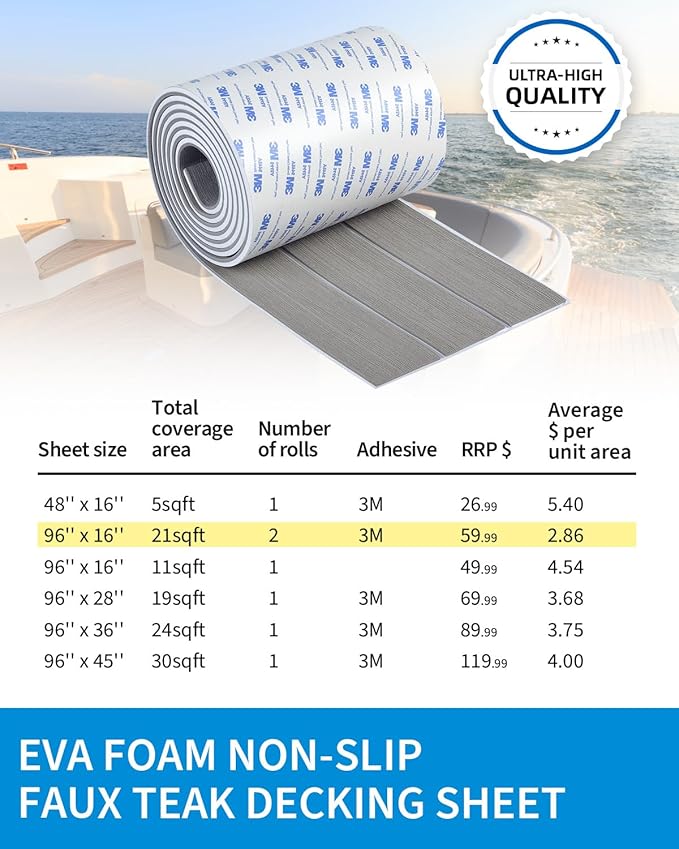 OCEANBROAD EVA Foam Boat Flooring with 3M Adhesive Backing Marine Self-Adhesive Decking 96''x45.6''/36''/28.8''/16.8'', 48''x16.8'' Faux Teak Sheet for Jon Boats Swim Platform Helm Pad RV Floor