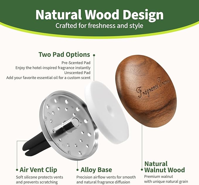 Wooden Car Air Freshener Vent Diffuser, Dark Brown Walnut Wood with Zinc Alloy Base, Refillable Essential Oil Compatible Car Vent Clip, Includes 4 Scented Pads, Long Lasting Natural Diffuser
