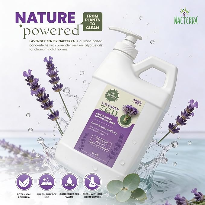 Naeterra Lavender Zen All-Purpose Cleaning Concentrate Kit – 64 oz Jug Makes 24 Gallons | Includes 16 oz Amber Glass Spray Bottle | Plant-Based, Essential Oil Scented, EWG Green-Rated Ingredients