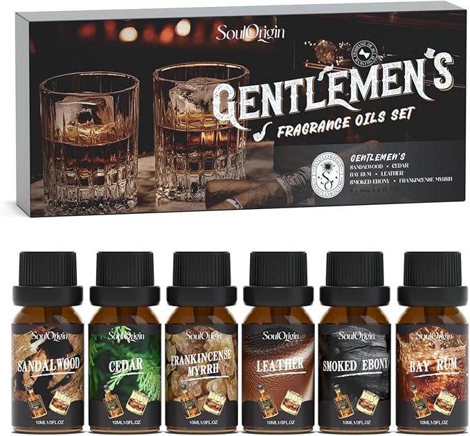 Gentleman Fragrance Oils Set, Essential Oil for Diffuser, Diffuser Oil, Use for Soap Candle Making, Sandalwood, Cedar, Rum, Leather, Smoky Oud, and Frankincense & Myrrh
