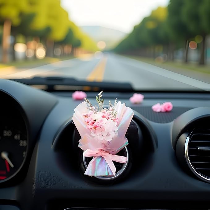 Pink Mini Dried Flowers Bouquet for Car Air Vent Clips, Car Air Outlet Perfume Decoration FlowerVent Clips Air Fresheners Interior Accessories Automotive