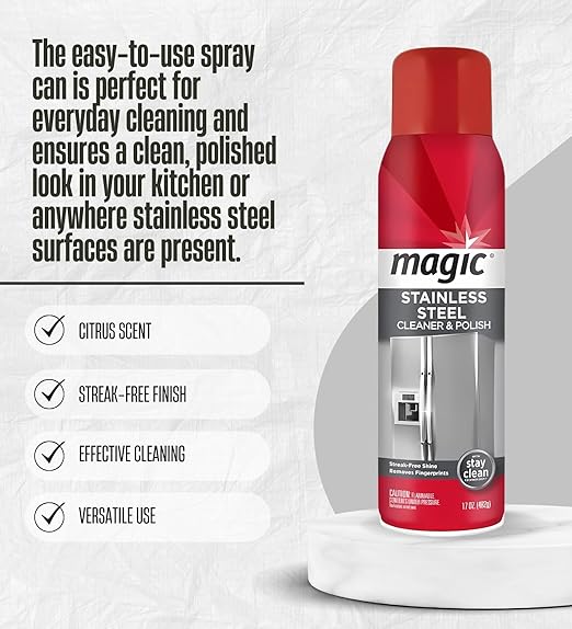 4x Stainless Steel Cleaner 17 oz by Magic – Polish Wipes Bundle with Microfiber Towel – Foaming Formula Clings to Surfaces, Easy Application for Shiny Stainless – Gift Set (5 Items)