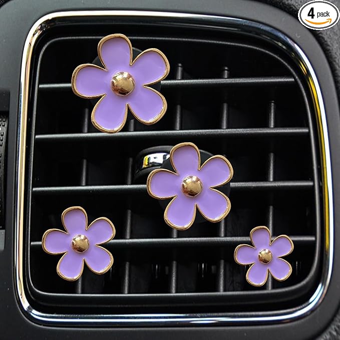 Daisy Air Vent Clips, 4 Pcs Cute Flower Car Air Conditioning Outlet Clip Car Air Freshener Clip Charm Car Inter Decor Accessories for Women (Purple)