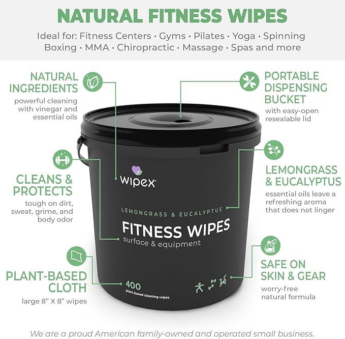 Wipex Fitness Wipes Bundle - Get 2 Buckets (1) Lemongrass Plant-Based Fitness Equipment Wipes & (1) Sanitizing BZK Bucket for Hands, Safe on Skin, Great for Home, Studios and Gyms, 400 Ct (Pack of 2)
