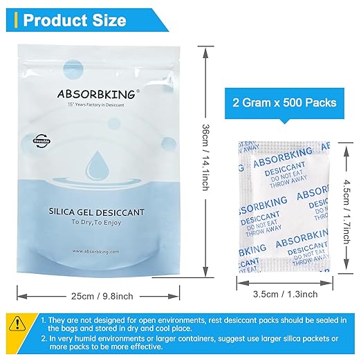 Desiccant Packs – 2 Gram 500 Packs Moisture Absorbers, Food Grade Desiccant with Color Indicating, Premium Desiccant Packs for Storage, Great for Spices, Foods, Electronics, Jewelry