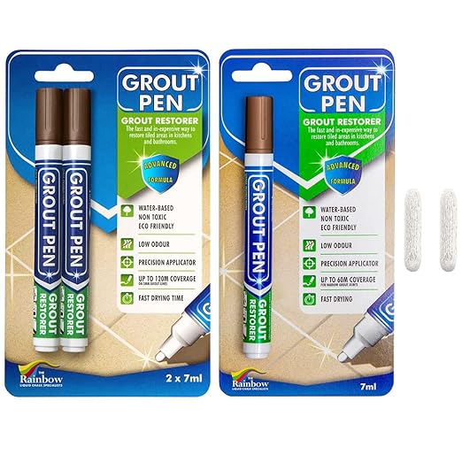 Grout Pen Tile Paint Marker: Brown 1 Pack and 2 Pack with Extra Tips (Narrow, 5mm) - Waterproof Grout Colorant and Sealer Pen to Renew, Repair, and Refresh Tile Grout - Cleaner Floor Pens