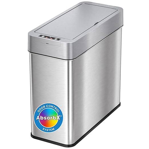 iTouchless 4 Gallon Slim Sensor Garbage Can (Lid Opens Left) with AbsorbX Odor Control, 15 Liter Slim Stainless Steel Automatic Trash Bin, Space-Saving Bin for Bathroom, Kitchen, Office, Hotel