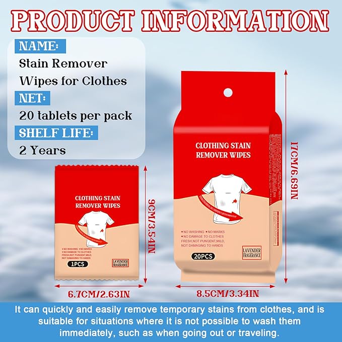 Stain Remover Wipes, Stain Wipes, Individually Packaged Compact and Easily Removes Stains and Food Residue from Clothes, Fabrics, and Carpets, 20 pieces